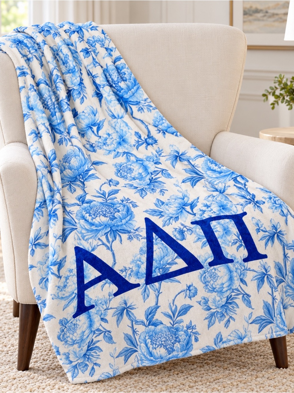 Alpha Delta Pi ADPi Blue Floral Minky Throw Blanket 50 x 60 Sorority NWT
